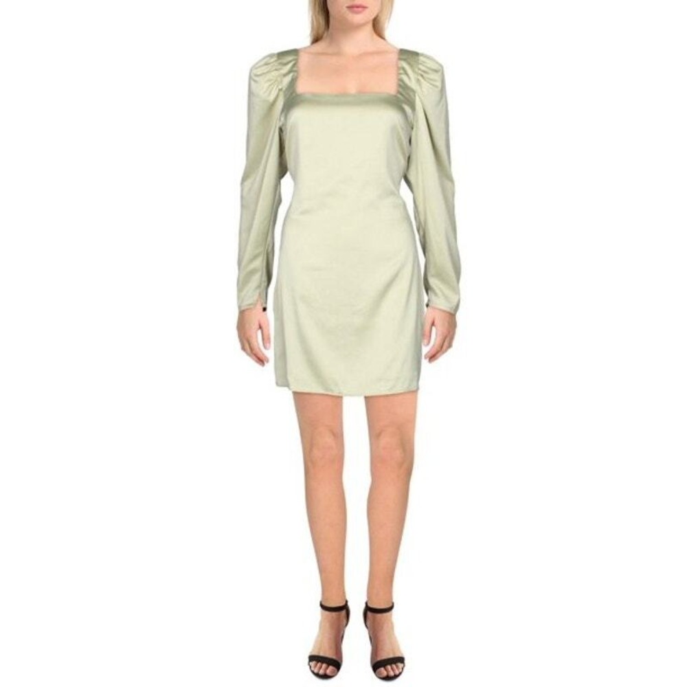 Danielle Bernstein Mini Dress Womens Medium Green Satin Long Sleeve Square Neck